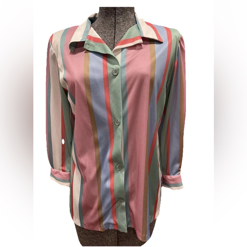 Vintage 1980s Vera Neumann all polyester striped‎ button up shirt-EUC-size 6P